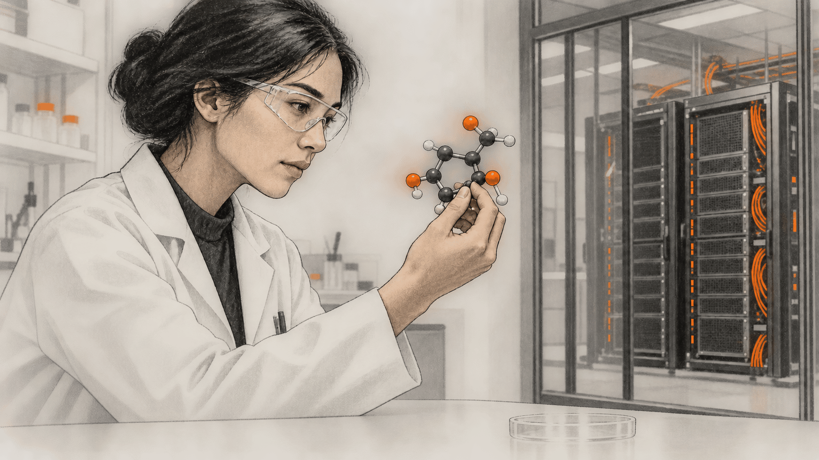 Conceptual charcoal illustration of a researcher examining a ball-and-stick molecular model, with generic compute racks in a separate room behind glass.