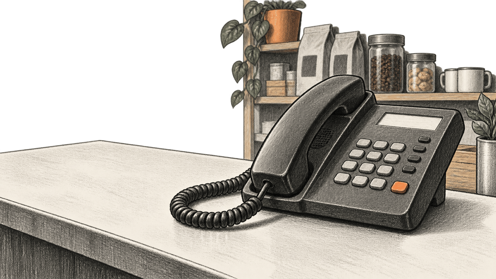 A charcoal illustration of a corded business telephone resting on a shop counter, with shelves behind it.