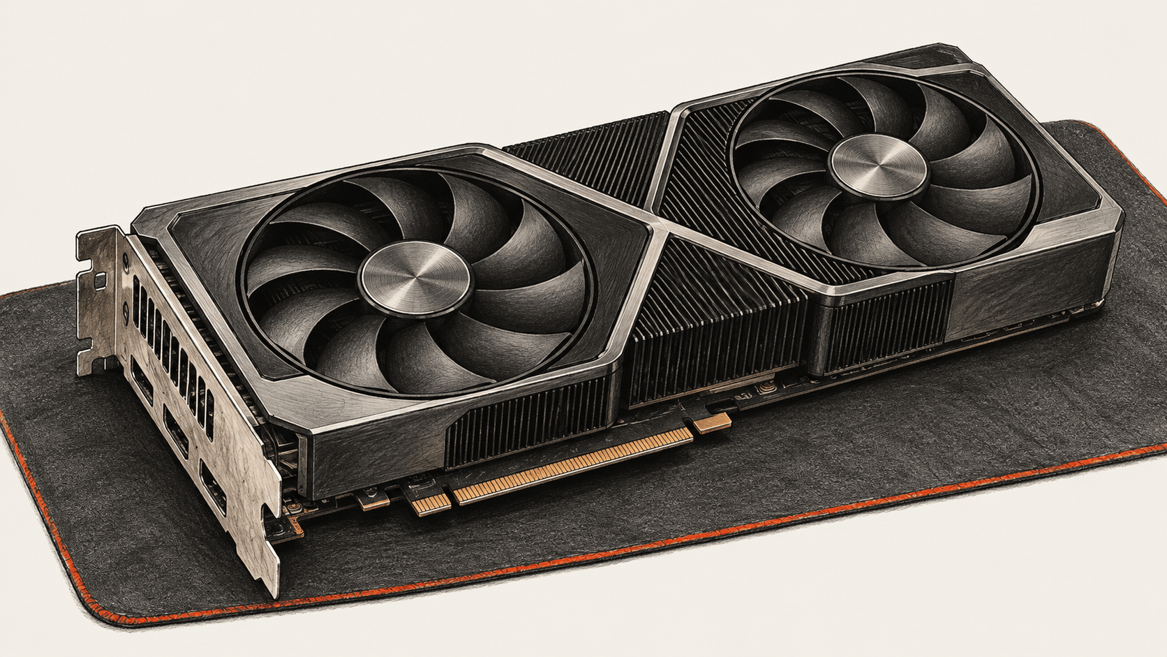 Conceptual charcoal illustration of one unbranded dual-fan graphics card resting on a dark work mat, with its metal bracket and gold edge contacts visible.