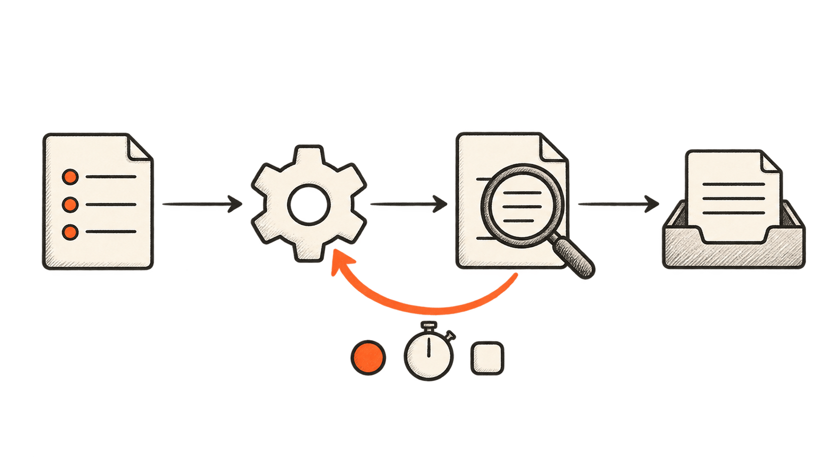 Sketch of a task passing through model work and validation to delivery, with a retry arrow returning from validation to model work.