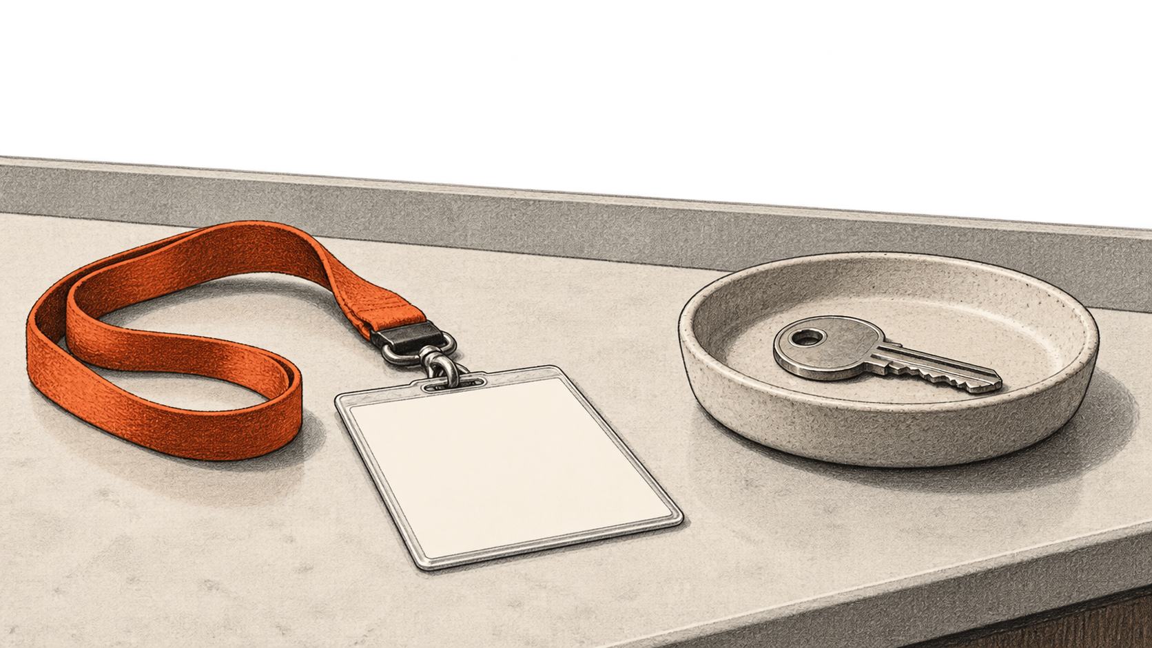 A blank identity badge on an orange lanyard rests apart from a metal key in a shallow tray.