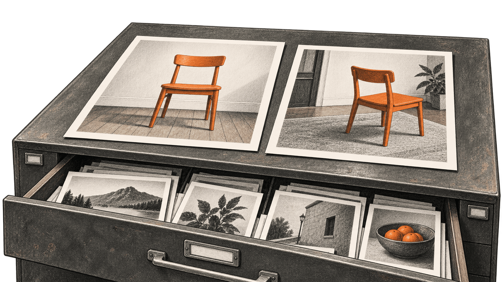 Two illustrated prints of orange chairs rest side by side atop an open photo archive drawer holding other image prints.