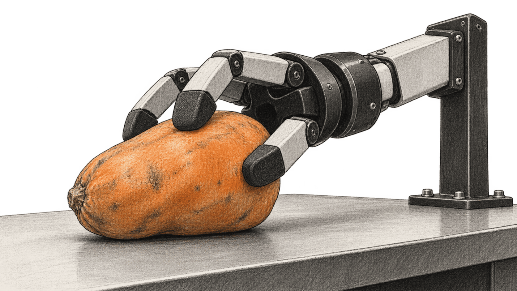 Mounted robot hand touching an orange object on a table.