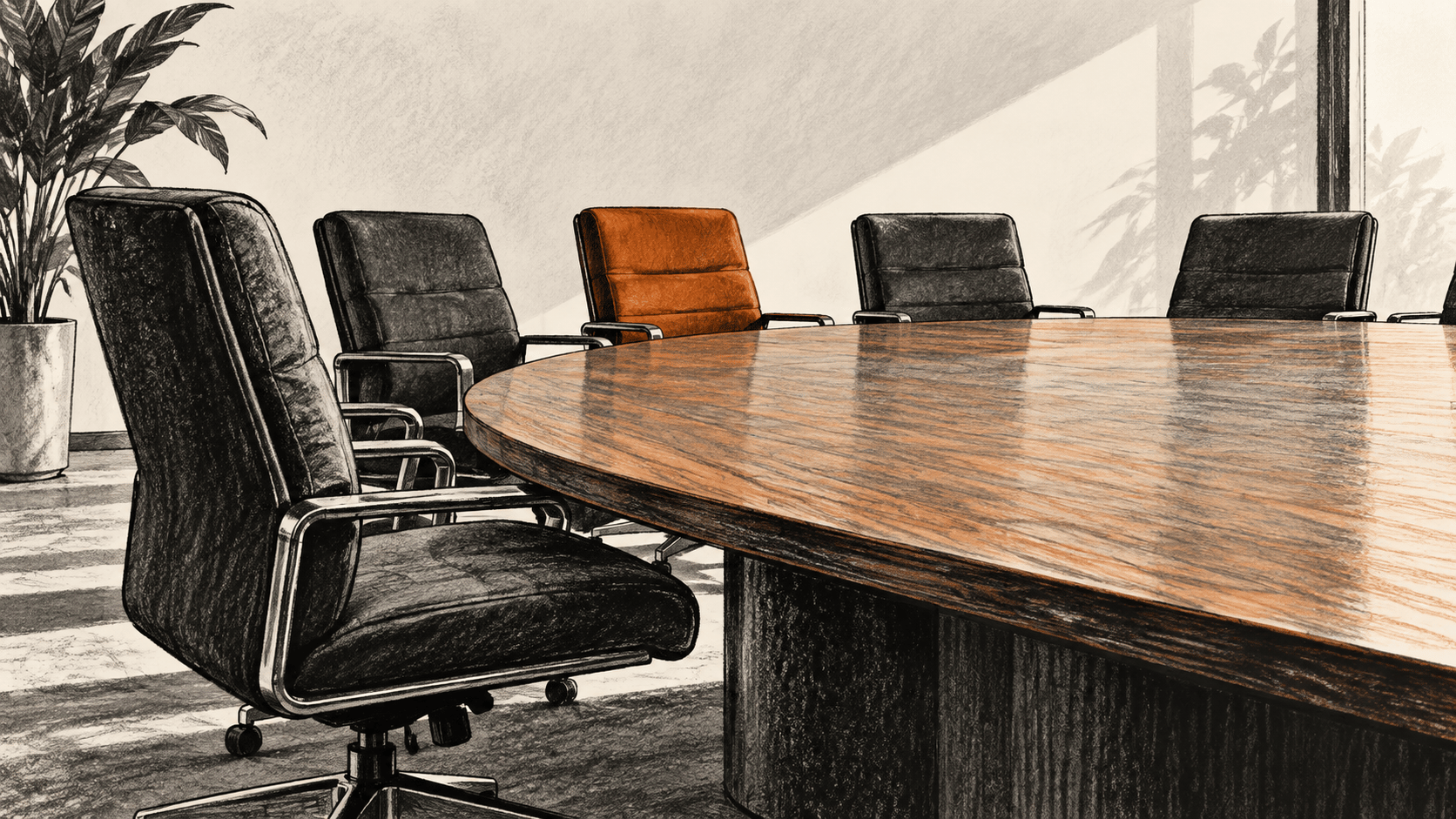 Conceptual illustration of an empty boardroom with chairs around a wooden conference table.
