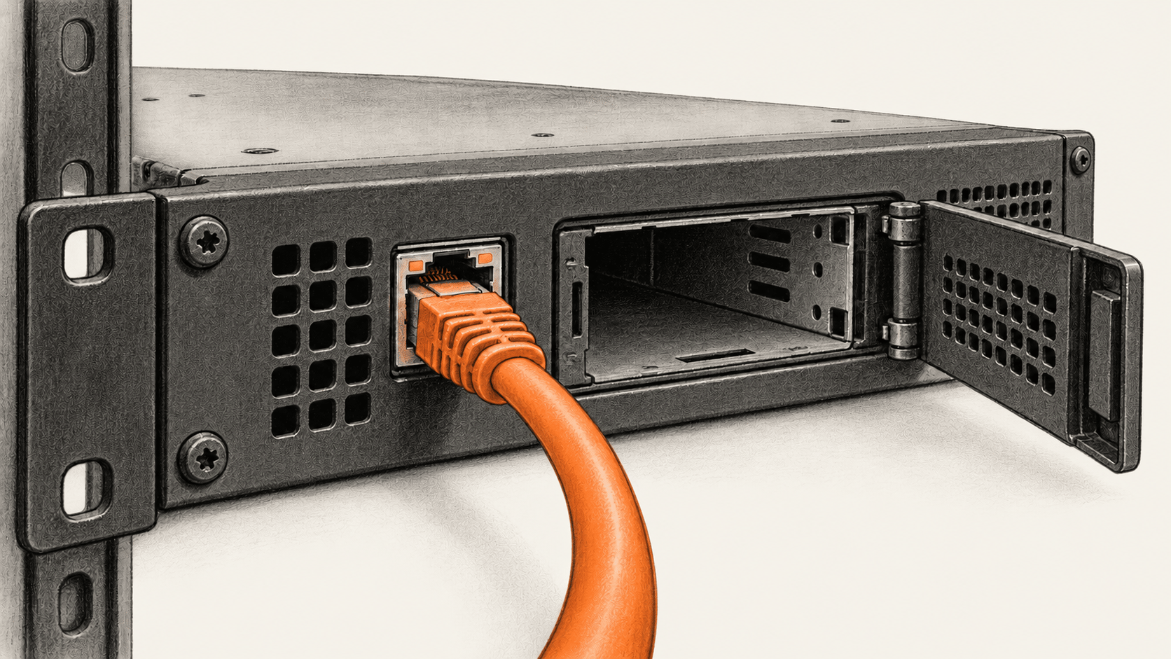 Conceptual charcoal illustration of an orange network cable plugged into a rack appliance beside an open, empty drive bay.