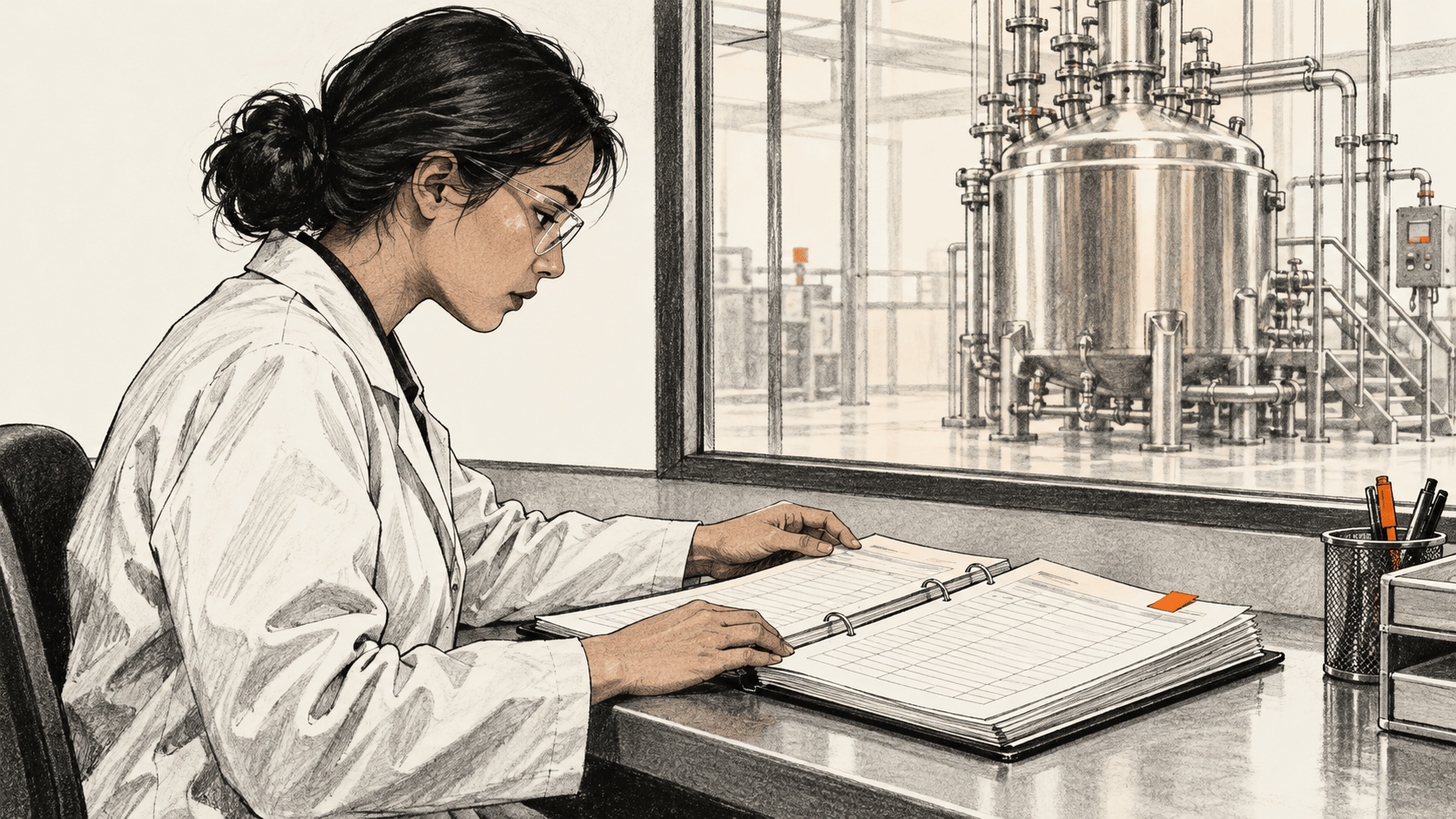 Conceptual illustration of a quality reviewer looking at an open manufacturing record, with a vessel visible through a window.