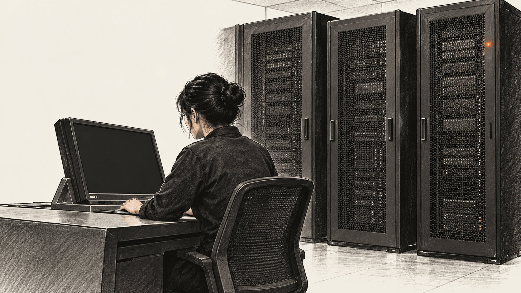 One operator faces a blank console beside three closed compute cabinets.