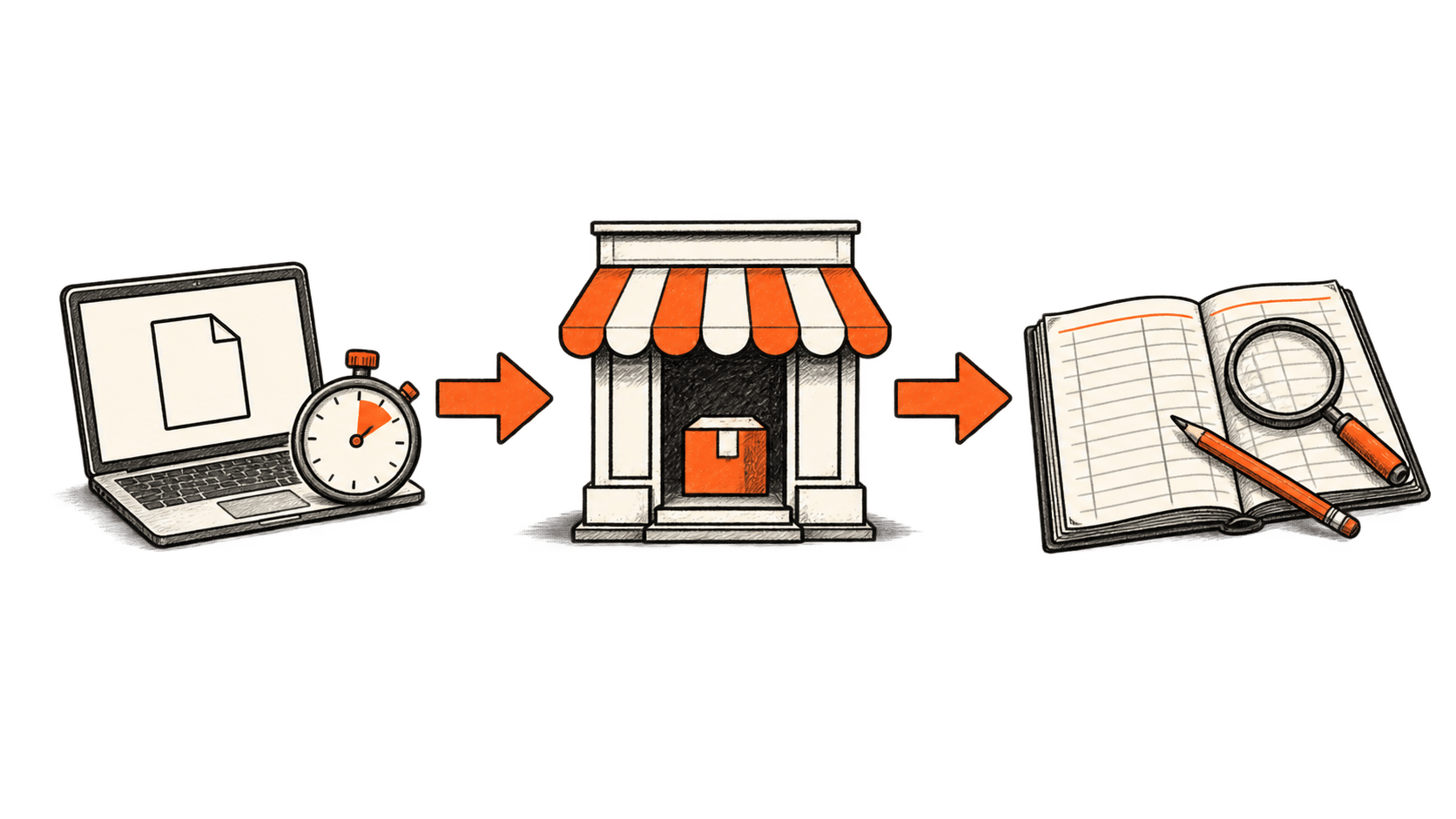 Three-part sketch linking a laptop and stopwatch to a shop, then to an accounting ledger under a magnifying glass.