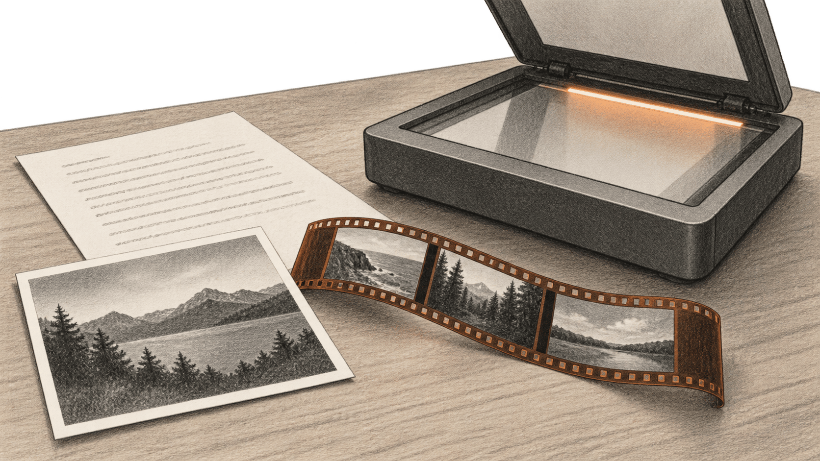 Conceptual charcoal illustration of a landscape photograph, a printed page and three film frames beside an open unbranded flatbed scanner.