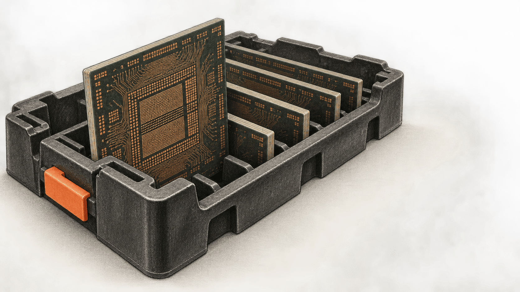 Conceptual charcoal illustration of unbranded package substrates standing in slots of a dark handling carrier, with one orange carrier tab.
