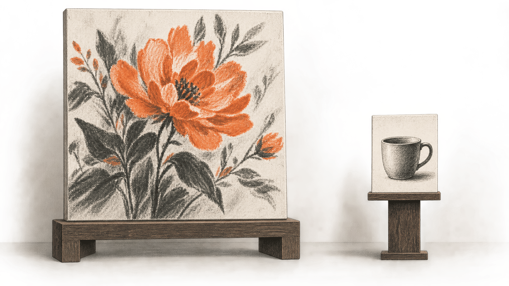 Conceptual illustration of a large flower image canvas and a smaller product card on separate stands, with a clear gap between them.