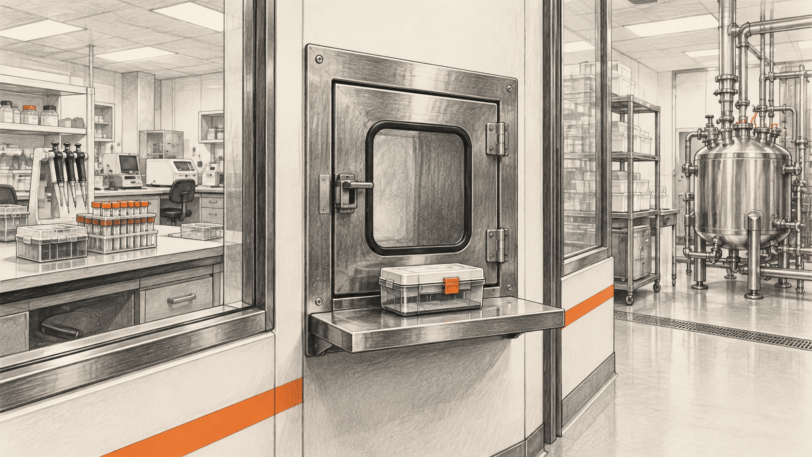 Conceptual charcoal illustration of a closed transfer hatch with a sealed carrier between a research lab and a biopharma manufacturing preparation room.