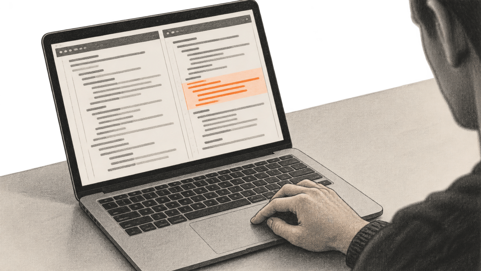 Conceptual charcoal illustration of a reviewer using a laptop trackpad beside a generic two-column code diff with one orange changed section.