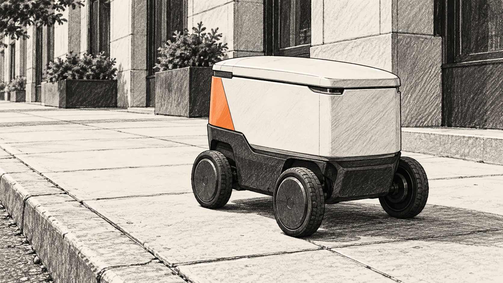 Conceptual charcoal illustration of an unbranded wheeled delivery carrier standing on a generic city sidewalk beside a curb.