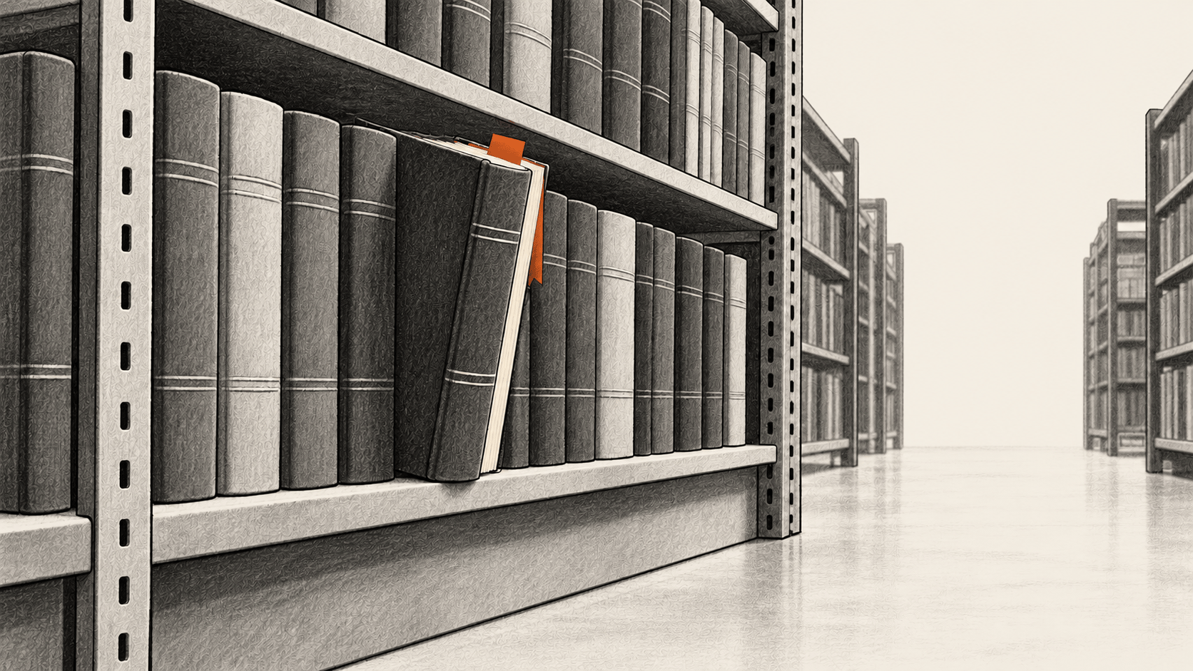 Journal shelves with one orange-marked volume.