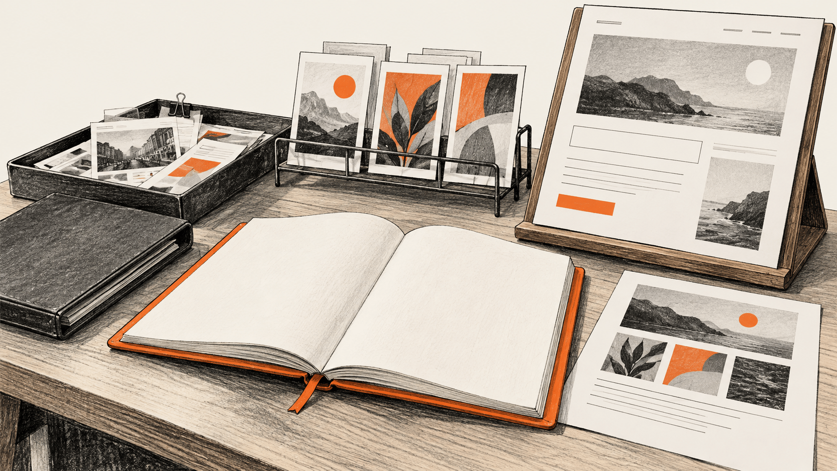Conceptual charcoal illustration of an open blank campaign brief on a proofing table, with a research clipping tray, printed marketing proofs and a landing-page proof on an easel.
