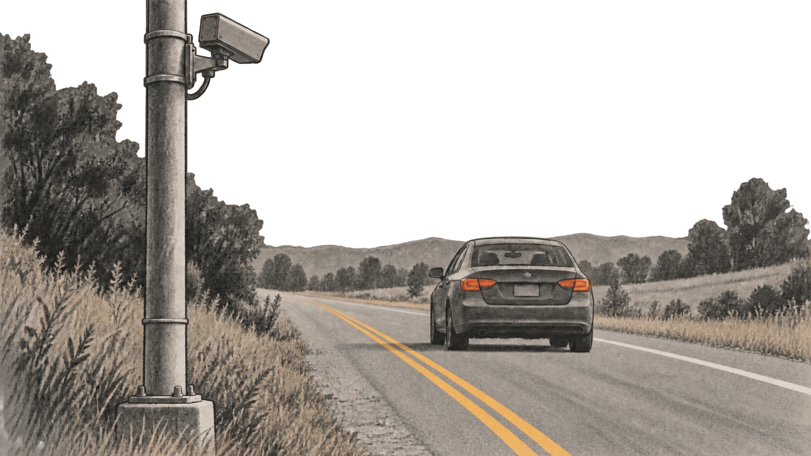 An unbranded roadside camera on a pole faces the rear of a car traveling away along a two-lane road.