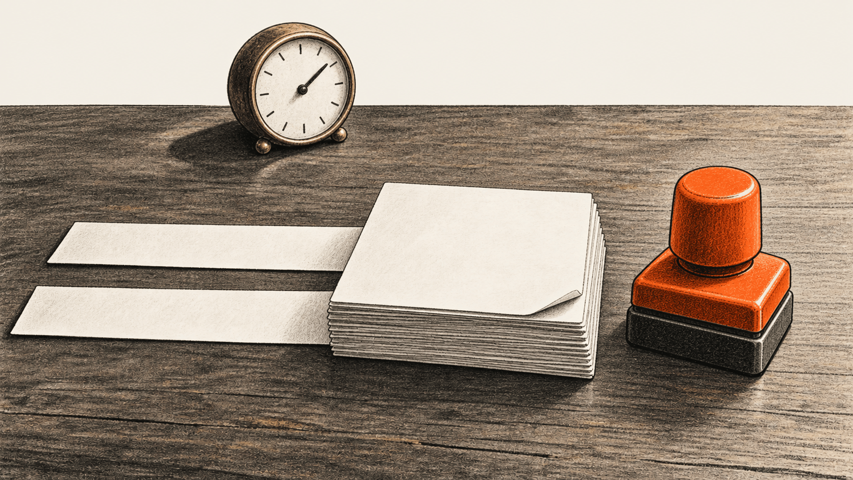 Conceptual charcoal illustration of two blank parallel instruction strips, a face-down card stack, a desk clock and an unused orange approval stamp.