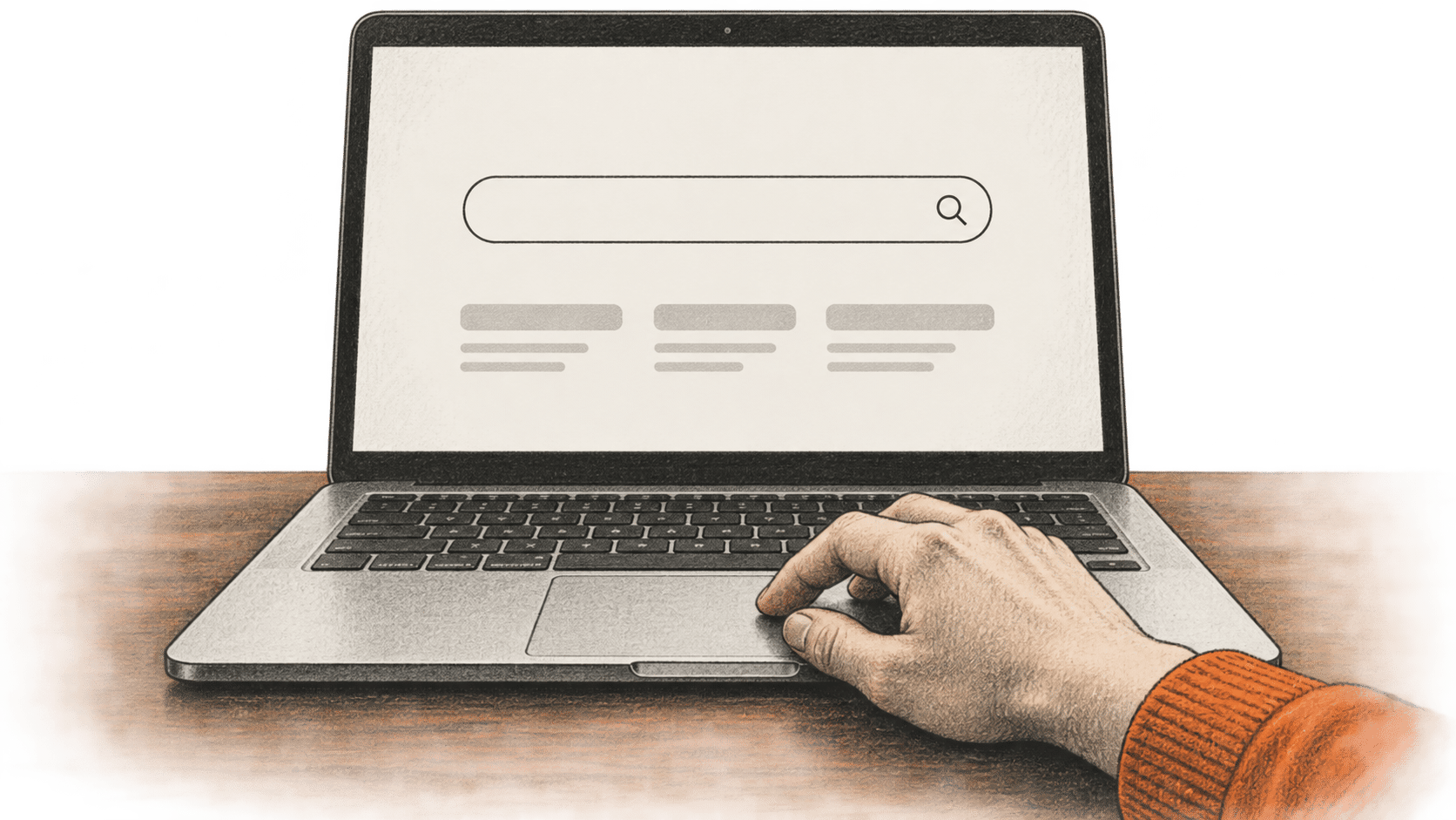 Conceptual illustration of a hand on a laptop trackpad beneath an unbranded search field.
