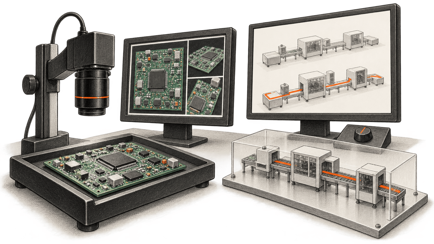 Conceptual charcoal illustration of a circuit board and inspection imagery beside a small assembly-line model and simulated routing options on a monitor.