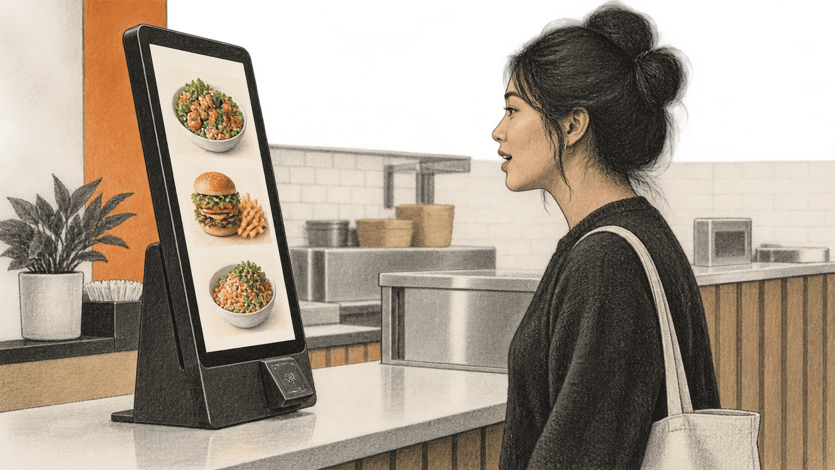 Conceptual charcoal illustration of one diner speaking toward an unbranded portrait-format restaurant ordering kiosk with food images on its screen.