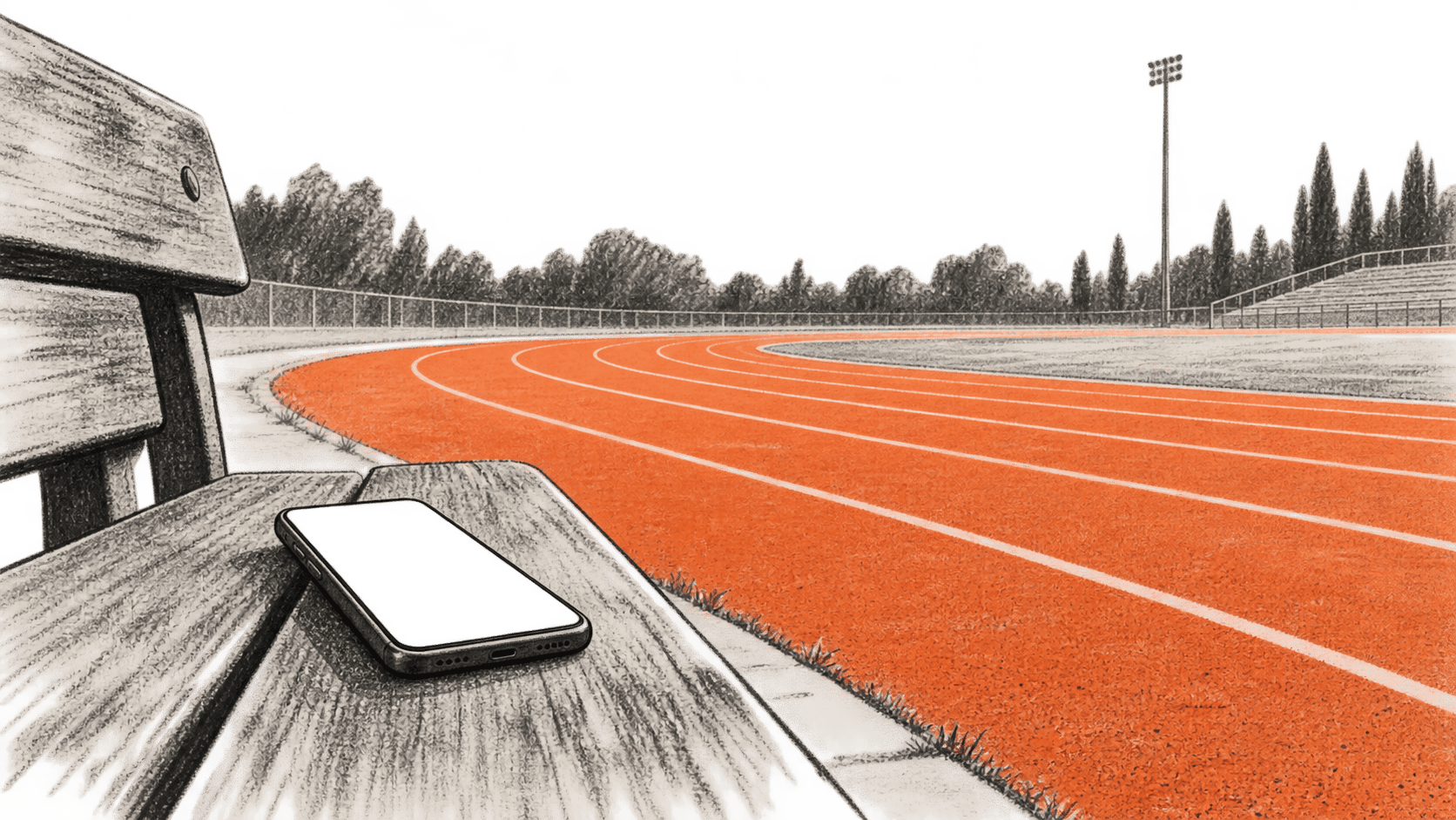AI-generated conceptual illustration of an empty running track and a blank-screen phone on a bench.