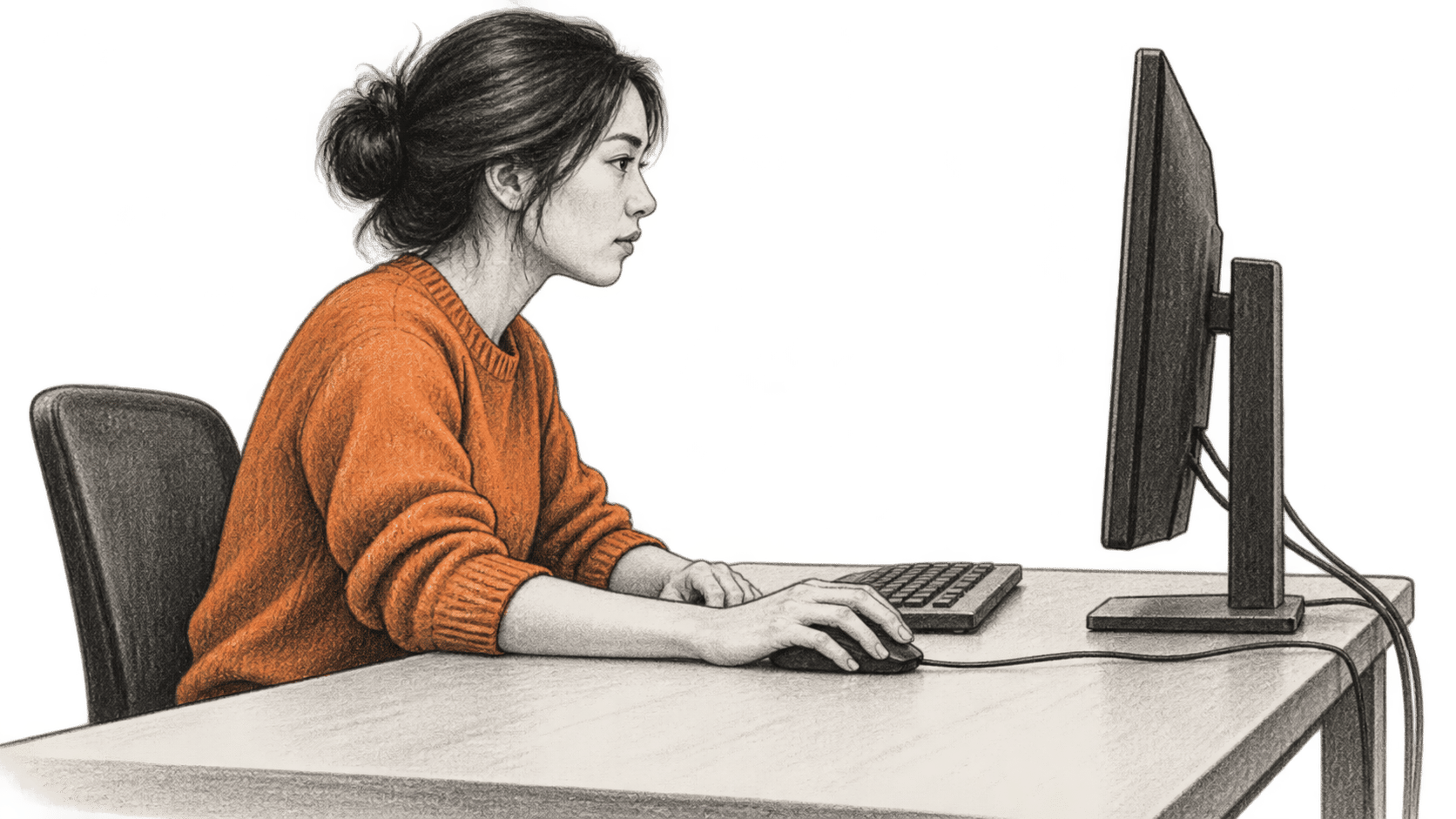 Conceptual charcoal illustration of one seated person at a computer, seen from the side, with a hand on a wired mouse and the monitor screen turned away.