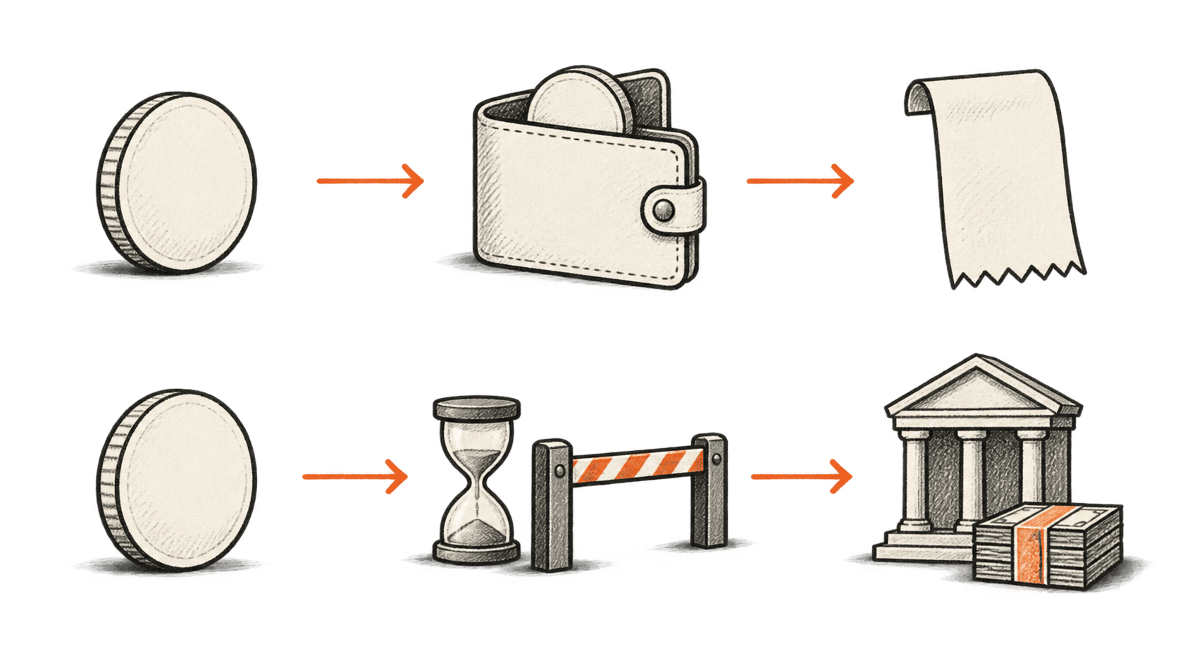 Top row: token to wallet to receipt. Bottom row: token through an hourglass and gate to a bank with banknotes.