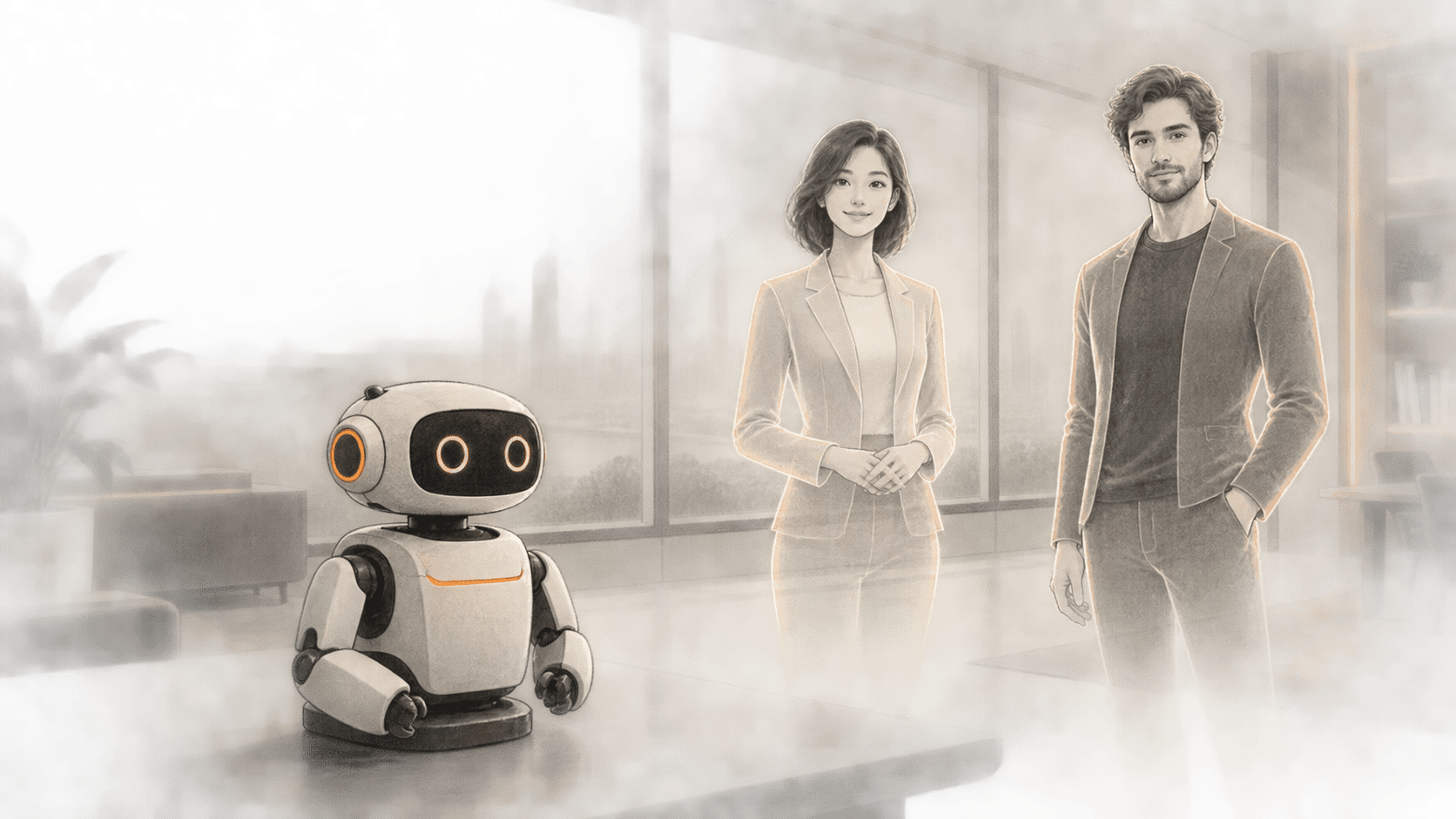 Conceptual charcoal illustration of a small desk robot and two translucent humanlike digital assistant avatars in a virtual office.
