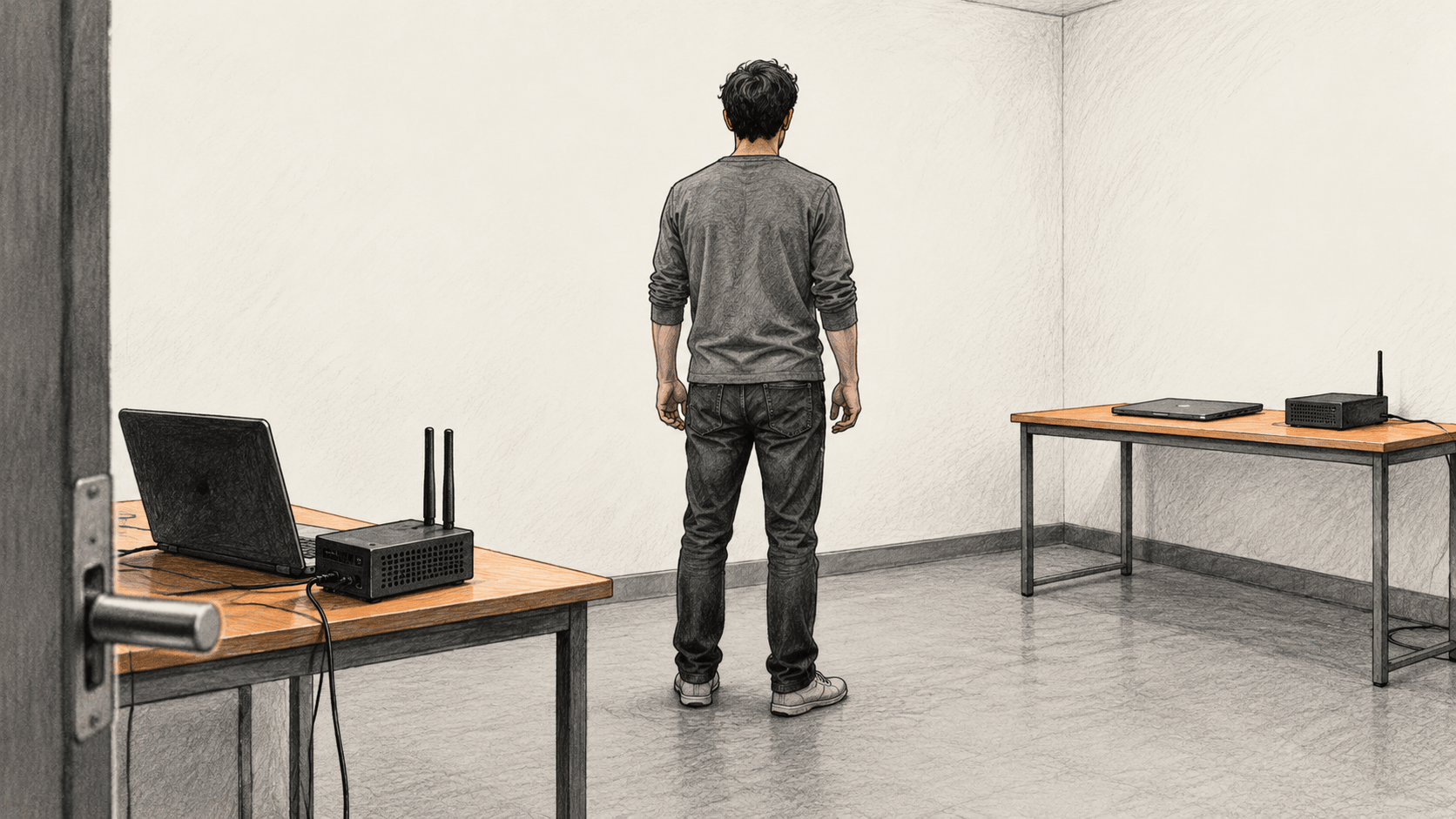 Conceptual charcoal illustration of one person standing in a plain room between two tables of generic radio and laptop equipment.