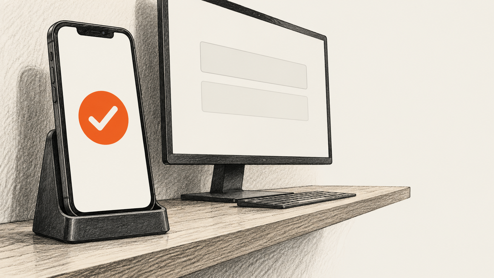 Conceptual charcoal illustration of a phone in a charging stand displaying an orange check mark beside a desktop monitor with two empty sign-in shapes.