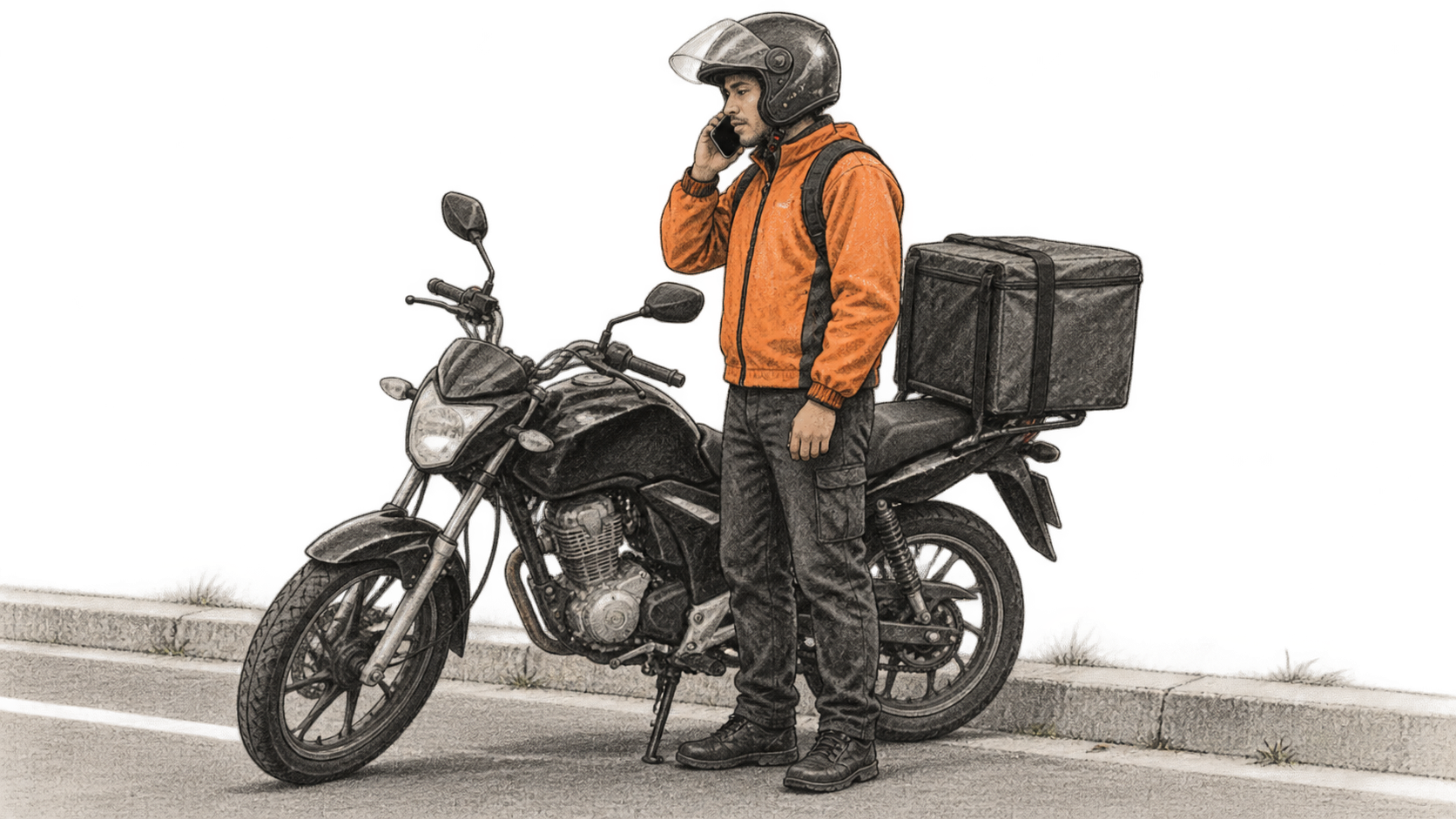 Conceptual charcoal illustration of a helmeted delivery rider speaking on a phone beside a parked, unbranded motorcycle with a delivery carrier.