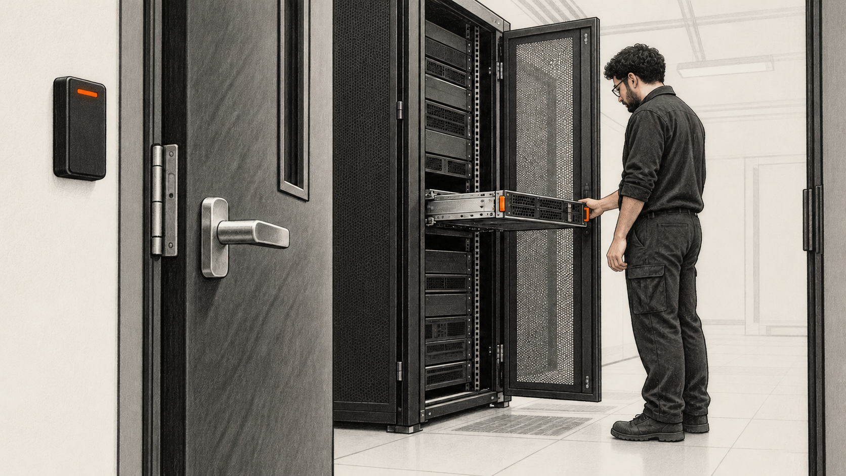 Conceptual charcoal illustration of one operator examining a partly extended, unbranded rack-mounted server beside an access-controlled room door.