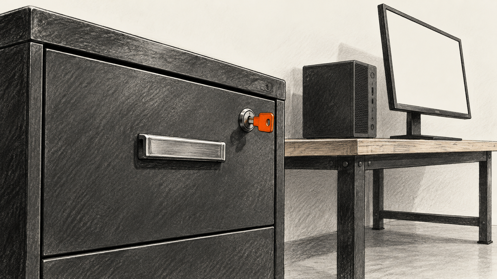 Conceptual charcoal illustration of a closed steel drawer with an orange key in its lock beside a separate computer on a workbench; the monitor is blank.