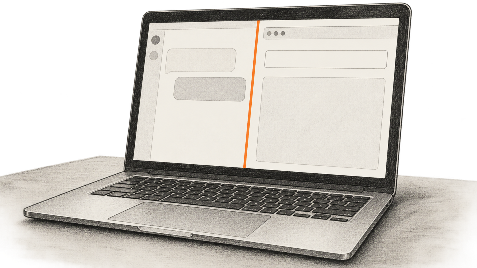 Conceptual charcoal illustration of one laptop showing two blank side-by-side work areas: conversation shapes on the left and a plain input and output area on the right.