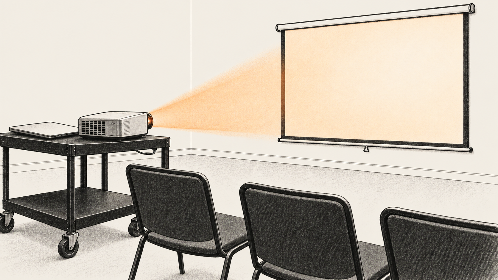 Conceptual charcoal illustration of an empty presentation room with a projector on a wheeled cart casting light onto a blank wall-mounted screen; a closed laptop and three empty chairs are nearby.