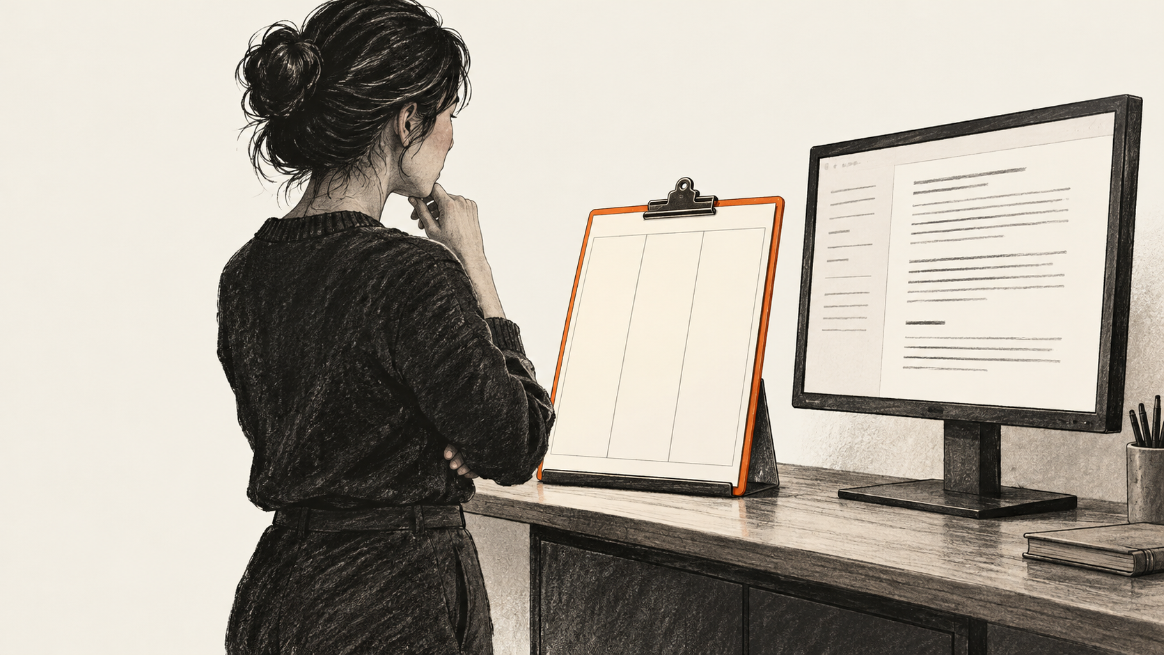 Conceptual charcoal illustration of one reader comparing a blank three-part worksheet on a stand with a generic document displayed on a monitor.