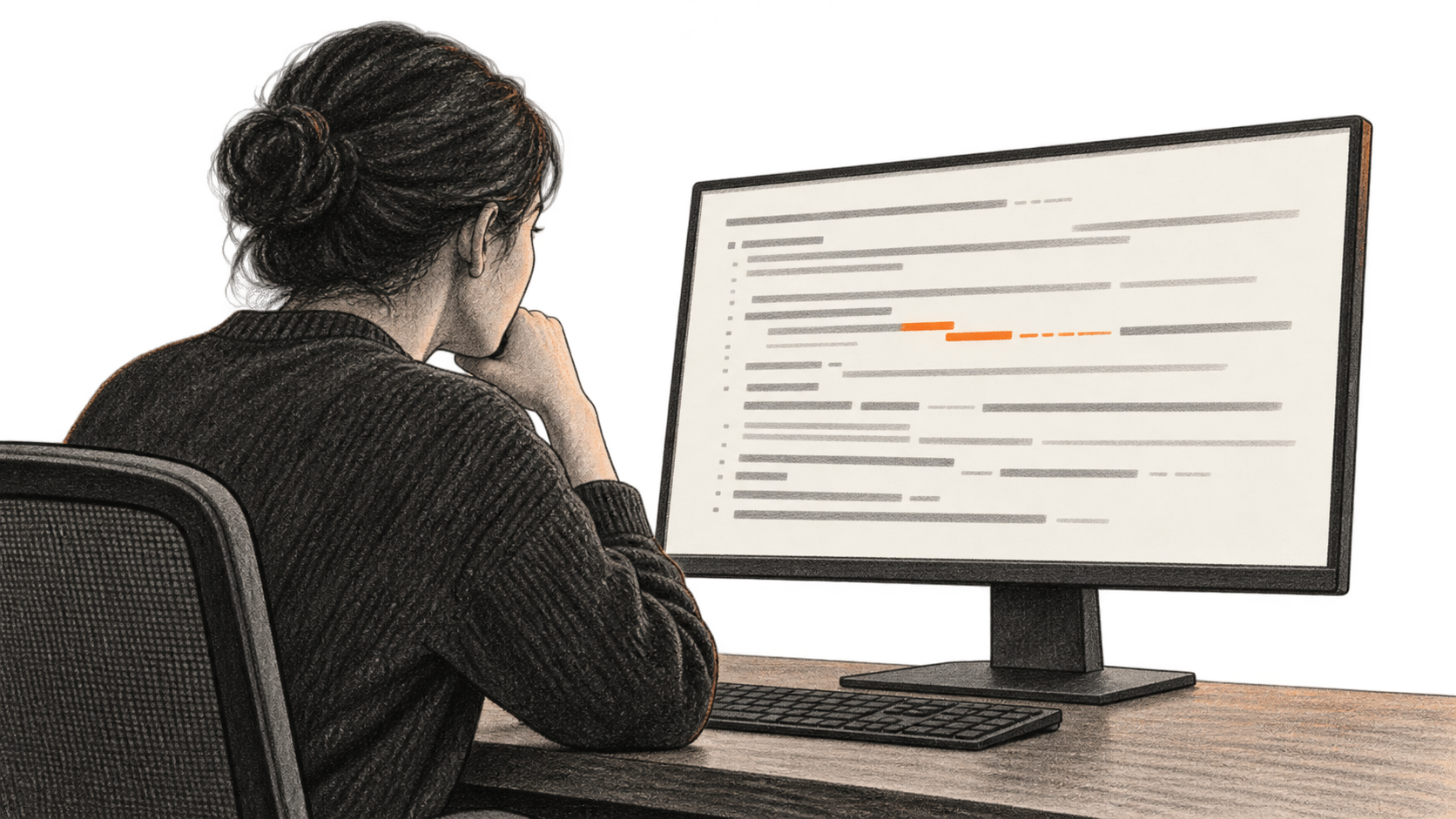 Conceptual charcoal illustration of one person inspecting unlabelled trace-like strokes on a desktop monitor, with a short section accented in orange.