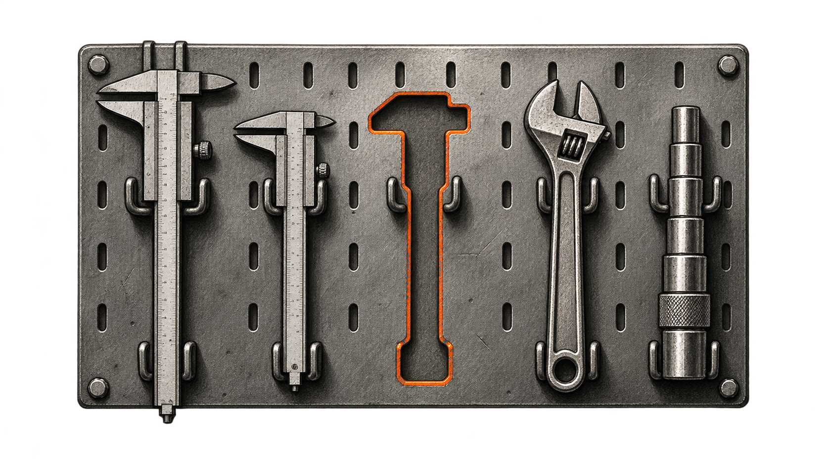 Precision tools hang on a steel workshop board around one empty orange-rimmed shaped holder.