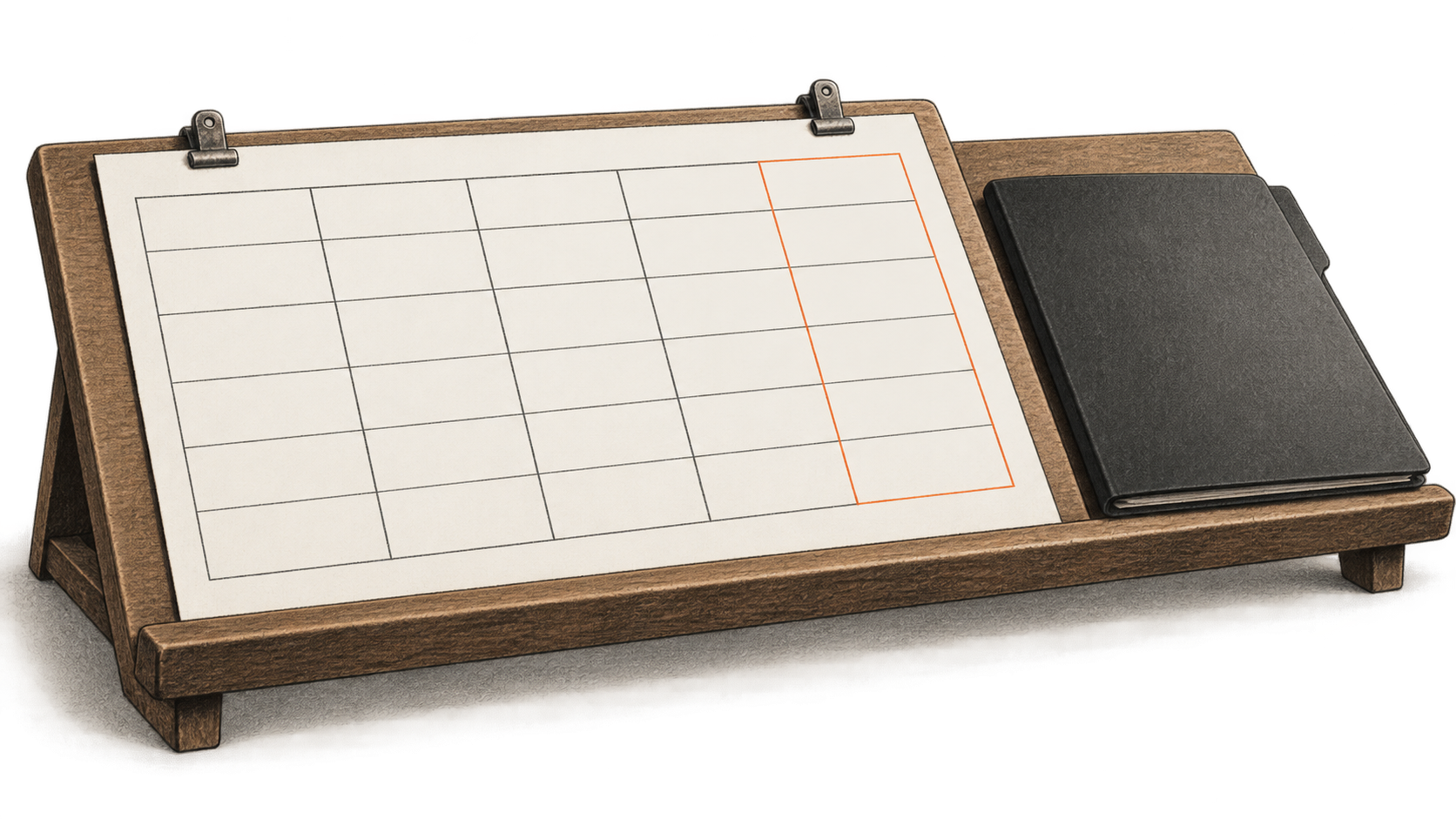 Conceptual charcoal illustration of a completely blank five-column comparison worksheet clipped to an angled wooden reading stand, beside a closed unmarked folder.