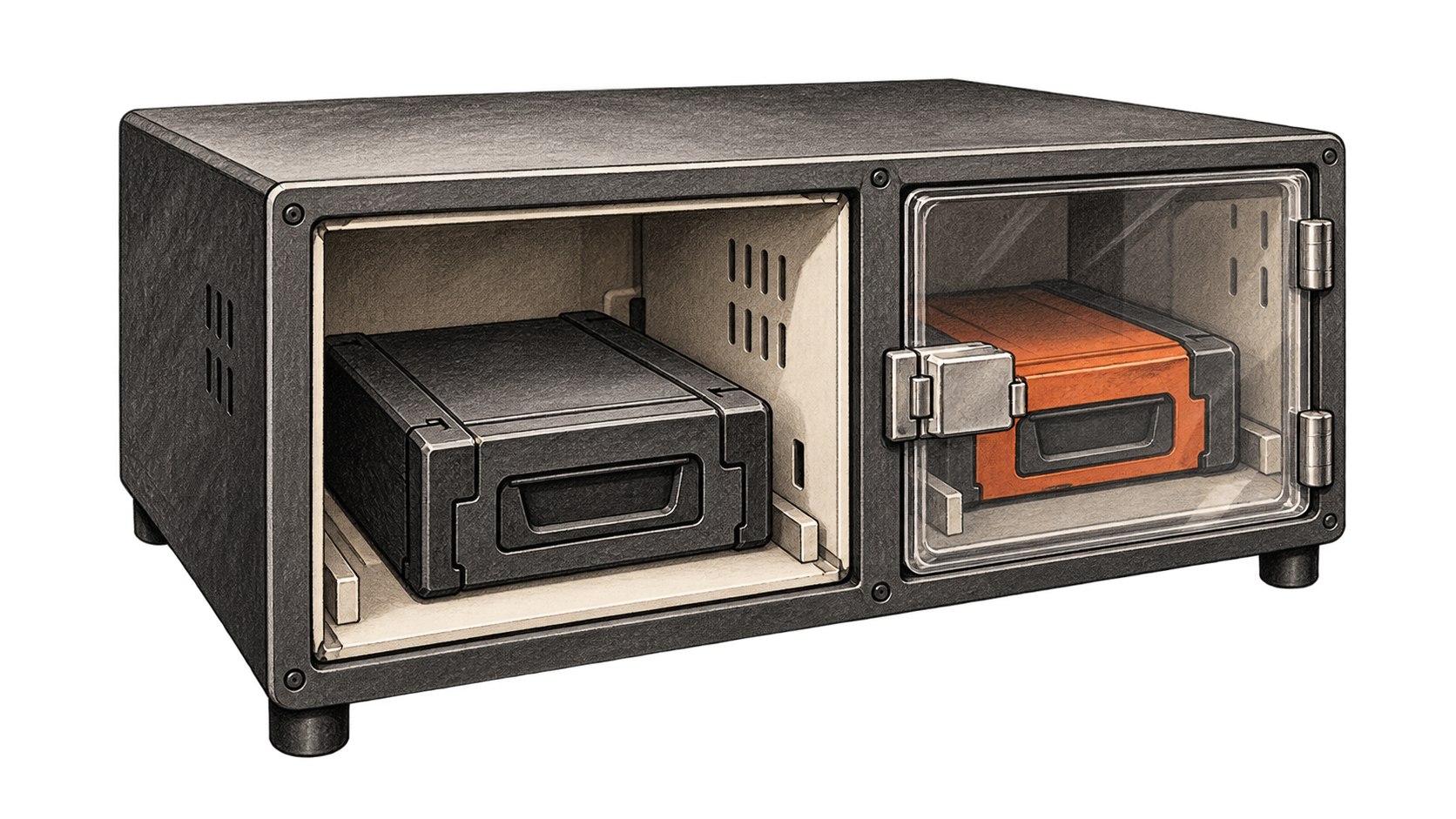 Conceptual charcoal illustration of two storage cartridges in separate bays of one cabinet, with the orange cartridge behind a closed clear door.