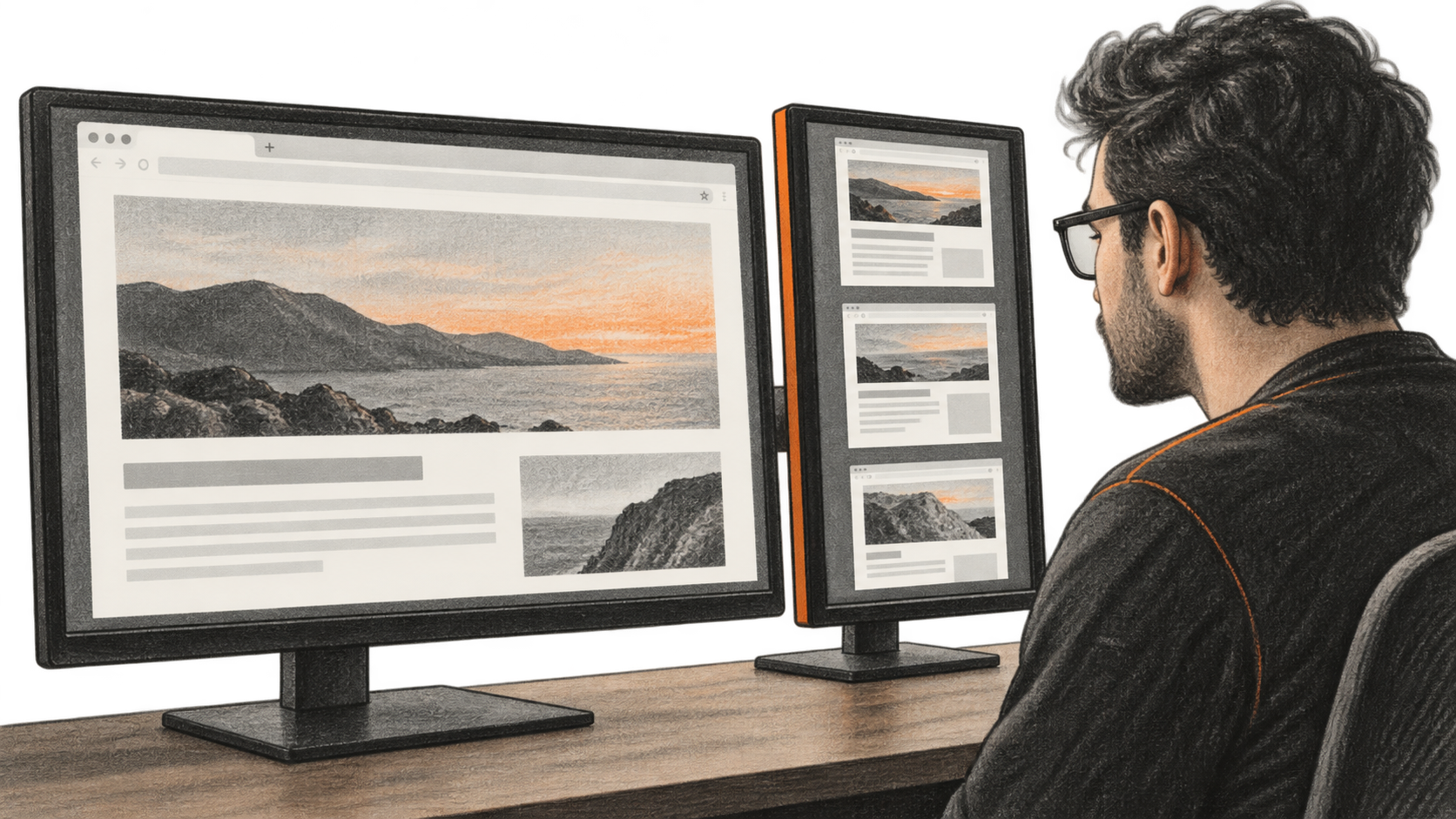 Conceptual illustration of a developer viewing a generic public webpage on one desktop display and three browser activity images on another.