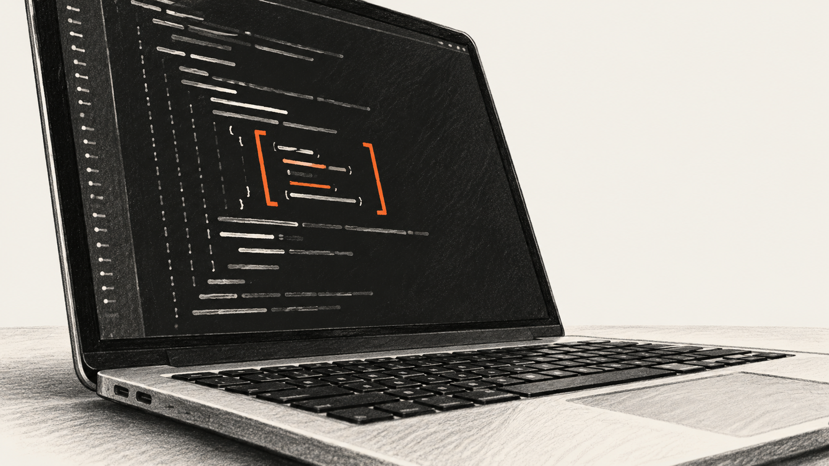 Conceptual charcoal illustration of a close, angled laptop screen with one group of abstract code strokes bracketed in orange.