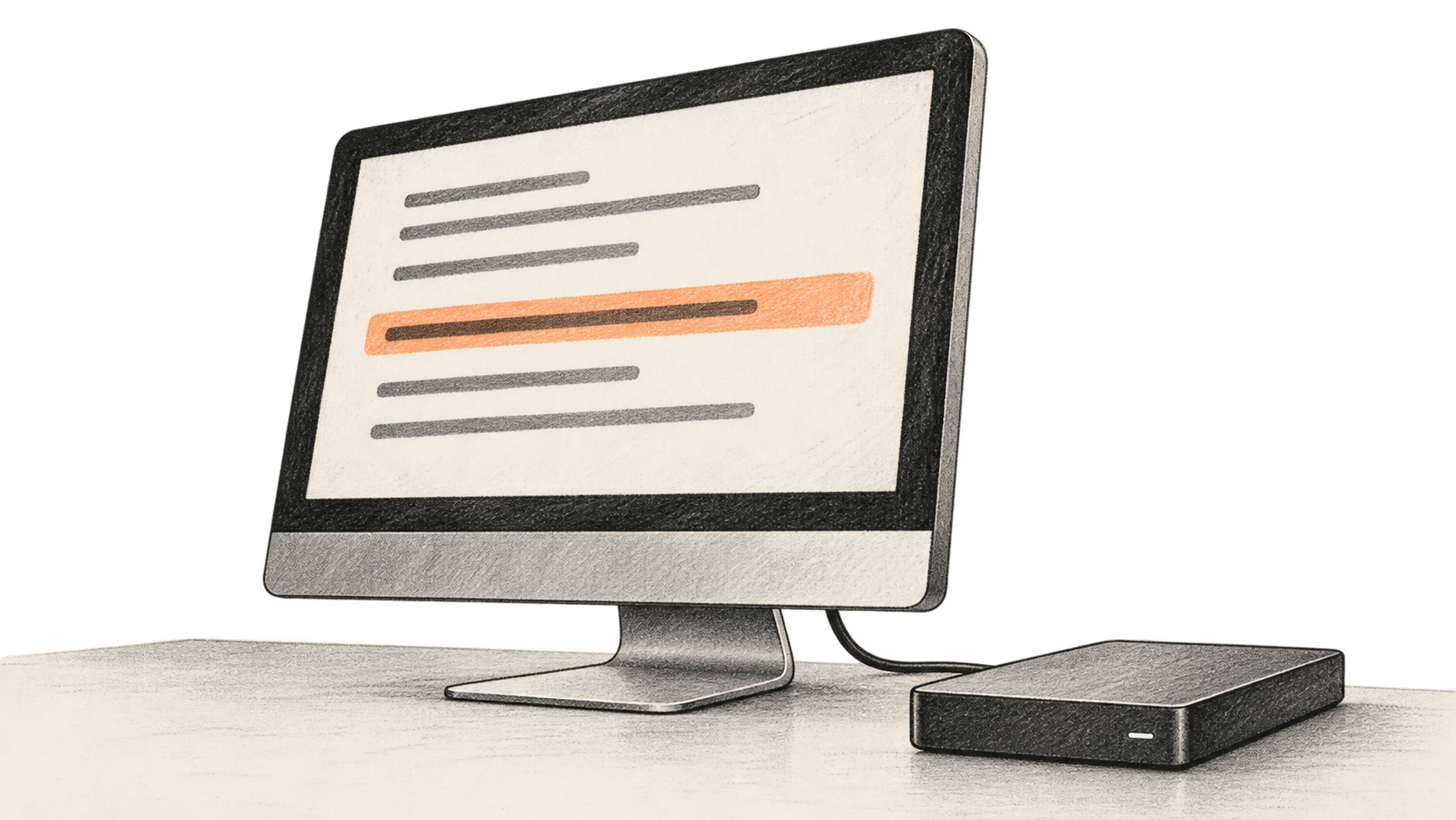Conceptual charcoal illustration of a local computer with one blank transcript line highlighted and an external drive beside it.