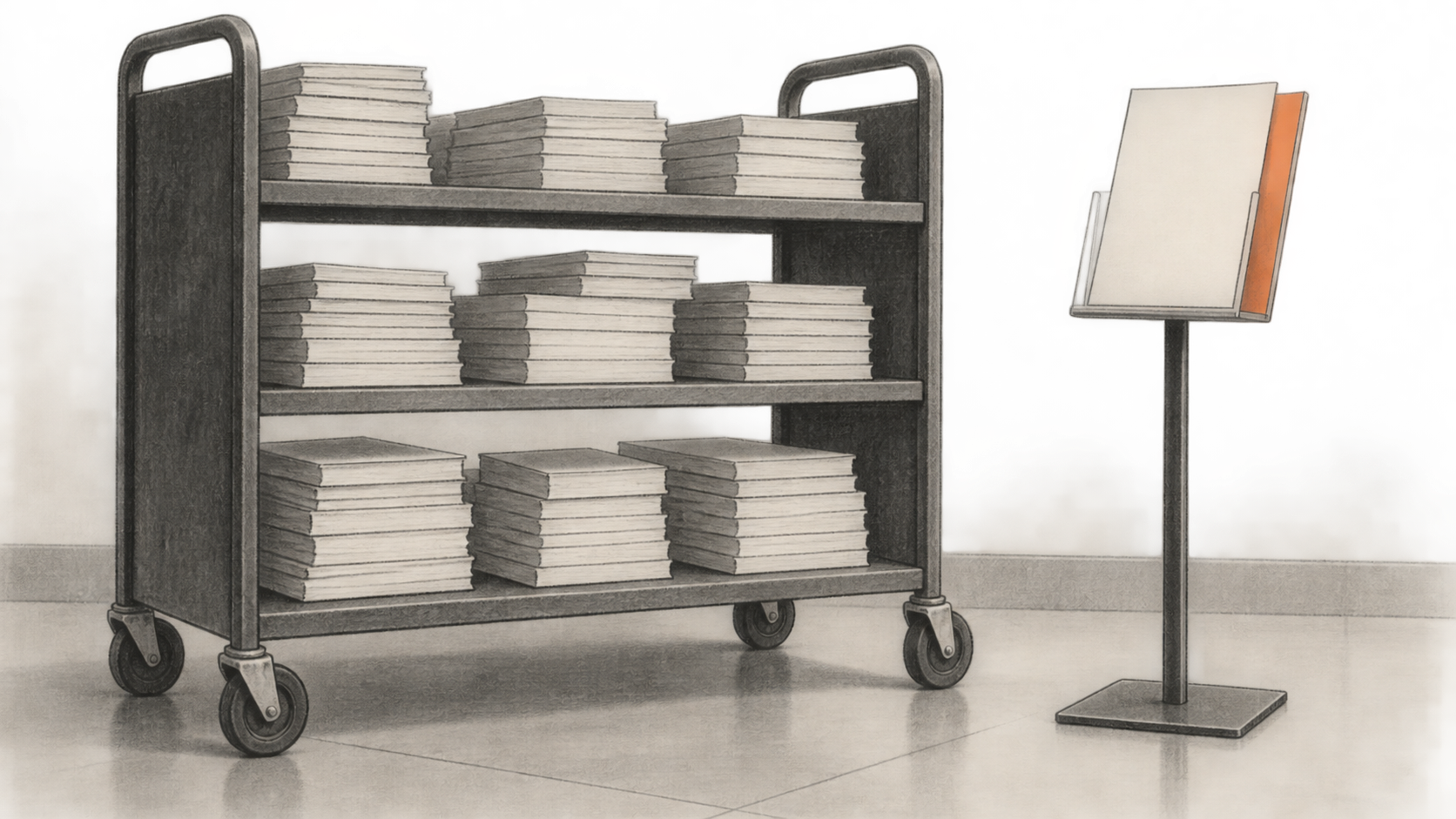 A wheeled library cart holds many plain manuscript booklets beside one separate blank response sheet in a freestanding holder.