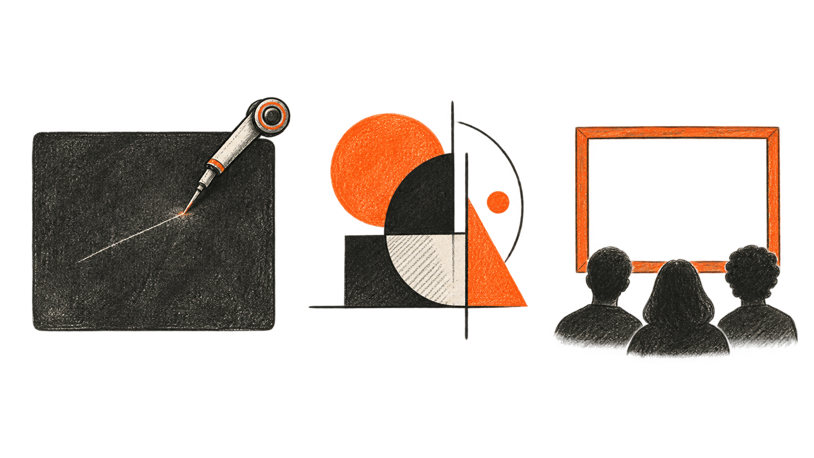 A repair tool touches a scratched panel beside an abstract orange-and-charcoal composition and an empty frame with three anonymous silhouettes.
