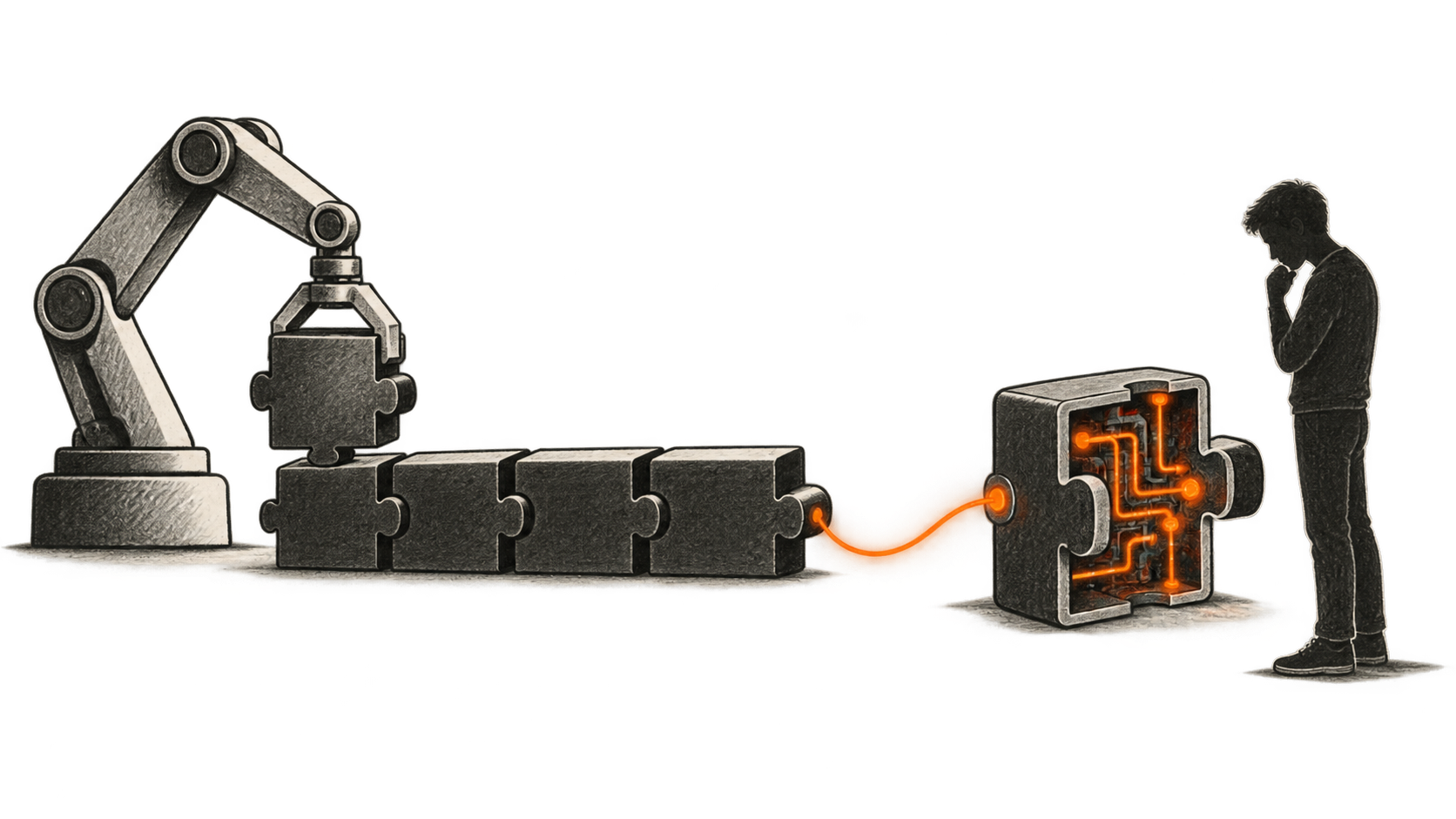 An automated arm assembles abstract interlocking modules while a junior developer studies orange pathways inside an opened module.