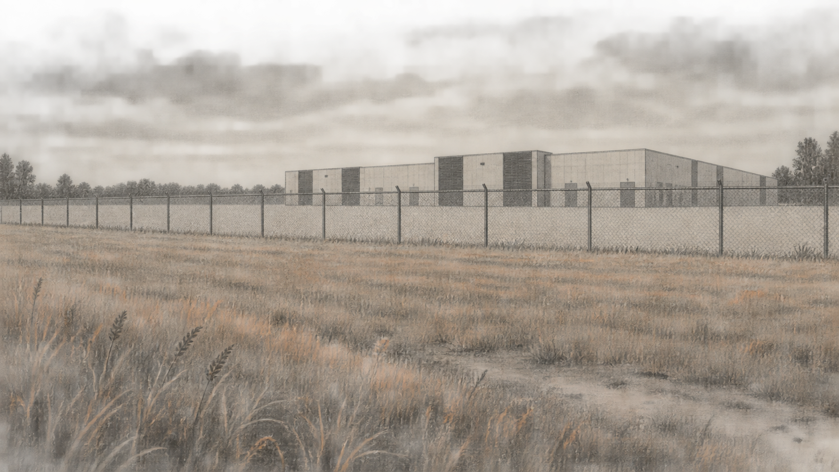 A low data-center building sits behind a chain-link fence, beyond an empty grassy verge.