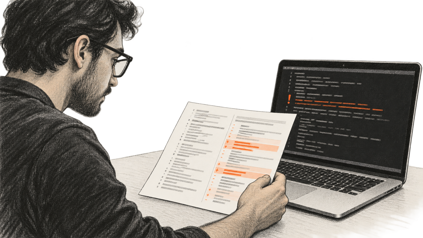 Conceptual charcoal illustration of a developer reviewing a code diff beside a laptop showing an unresolved check.