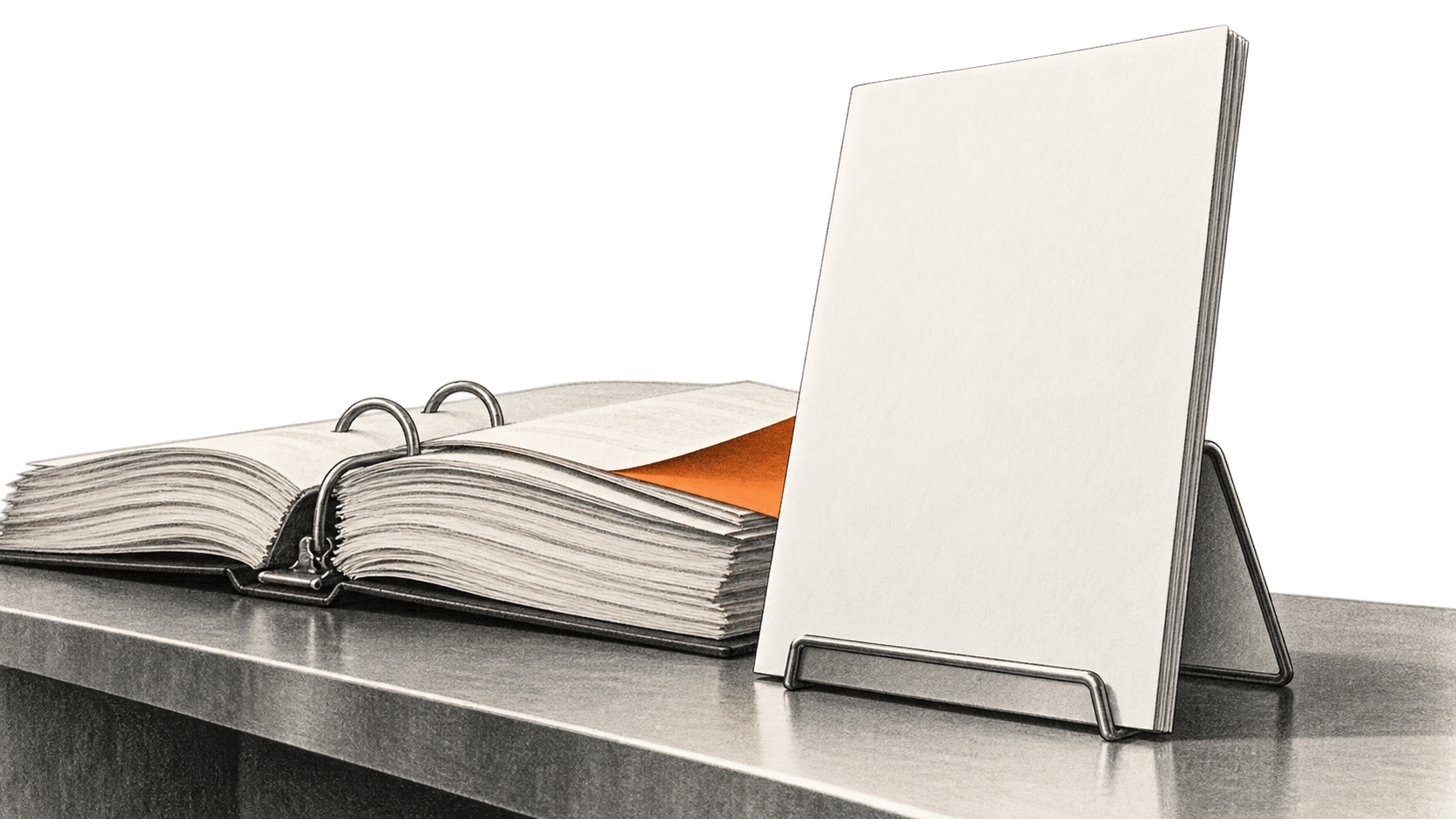 Conceptual charcoal illustration of a blank upright report booklet standing before an open, thick ring-bound work log with one orange page partly obscured.
